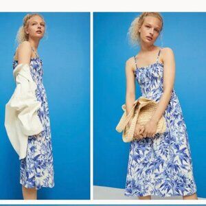 H&M Navy & White Leaf Print Midi Dress | Summer Casual Floral Dress